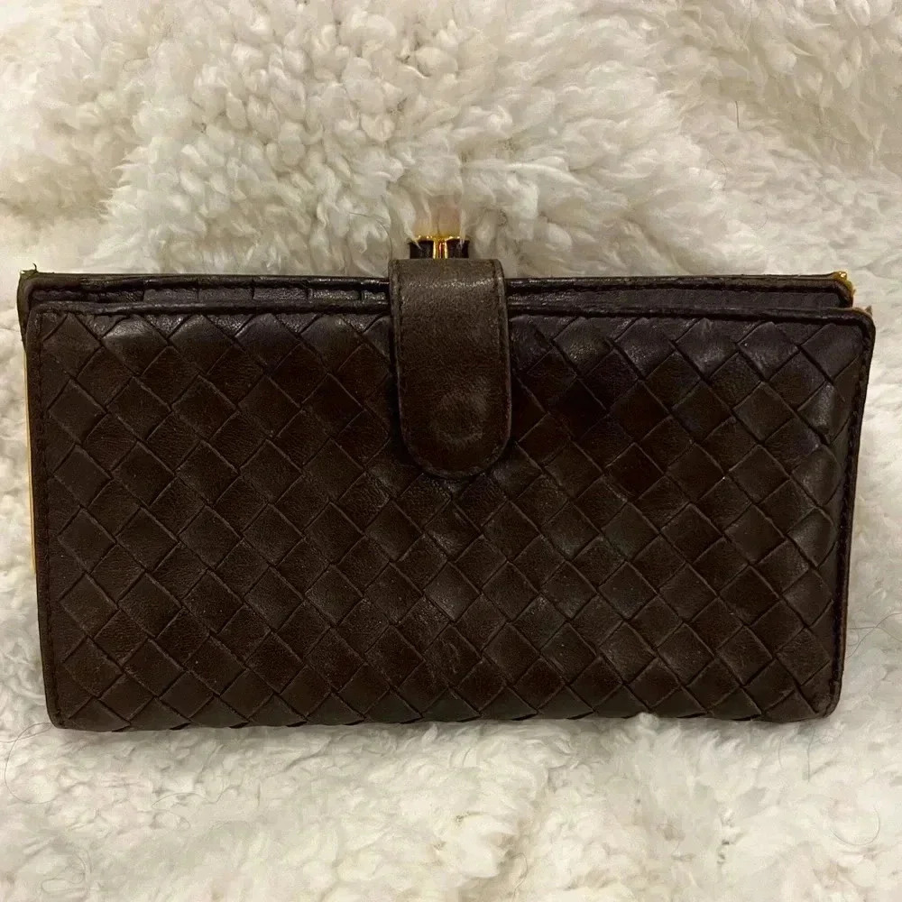 AS-IS Bottega Veneta French Purse Wallet Brown USED